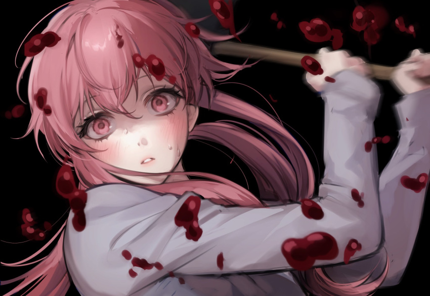 1girl, bamme_o3o, bangs, black_background, blood, blood_on_clothes, blood_on_face, blurry, blush, commentary, eyebrows_visible_through_hair, gasai_yuno, hair_between_eyes, hair_ornament, hand_up, hands_up, highres, holding, holding_weapon, long_hair, long_sleeves, looking_at_viewer, mirai_nikki, pink_eyes, pink_hair, shiny, shiny_hair, simple_background, solo, symbol-only_commentary, teeth, weapon