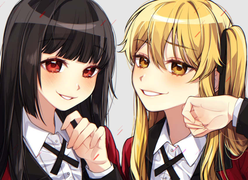 2girls, bamme_o3o, bangs, black_hair, black_ribbon, blonde_hair, blunt_bangs, brown_eyes