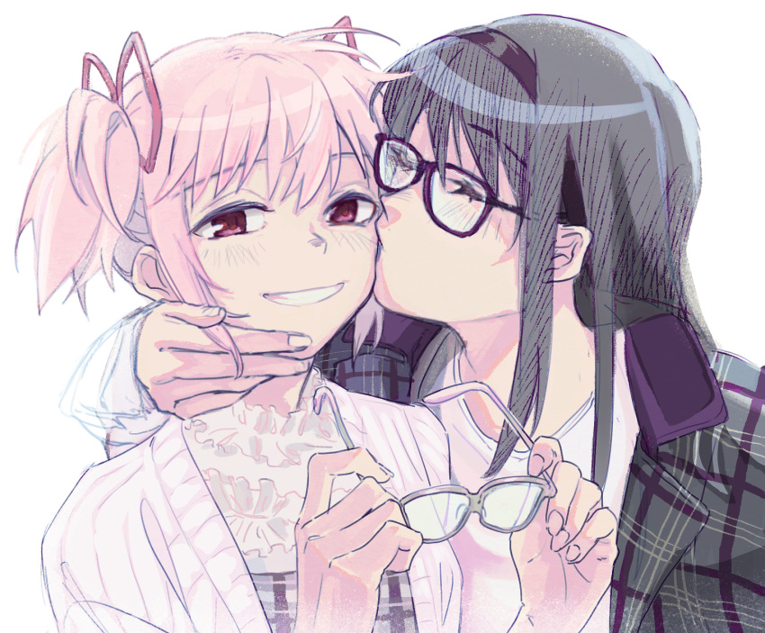2girls, akemi_homura, bangs, black_hair, closed_eyes, eyebrows_visible_through_hair, eyewear_removed, frilled_shirt, frills, glasses, grin, hair_ribbon, hairband, hand_on_another's_face, highres, holding, holding_eyewear, kaname_madoka, karen_le_cao, kiss, kissing_cheek, long_hair, long_sleeves, looking_at_viewer, mahou_shoujo_madoka_magica, multiple_girls, pink_eyes, pink_hair, pink_ribbon, plaid, plaid_shirt, portrait, ribbon, shiny, shiny_hair, shirt, short_hair, short_twintails, sidelocks, smile, twintails, white_background, yuri