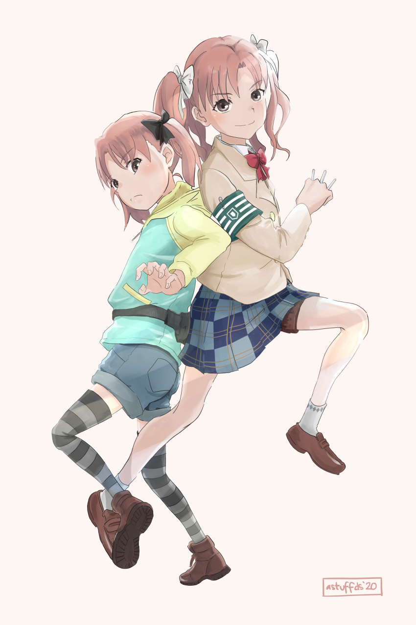 1girl, absurdres, ankle_socks, armband, astuffds, back-to-back, beige_blazer, beige_jacket