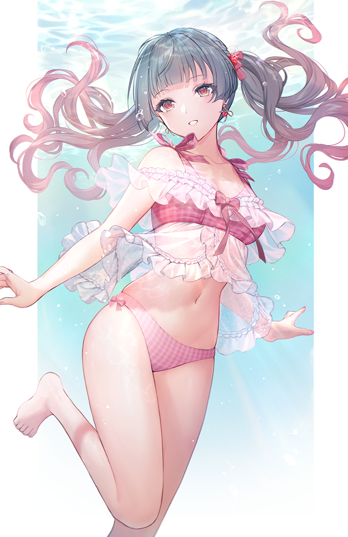 1girl, bare_arms, bare_legs, bare_shoulders, bikini, black_hair, bow, breasts