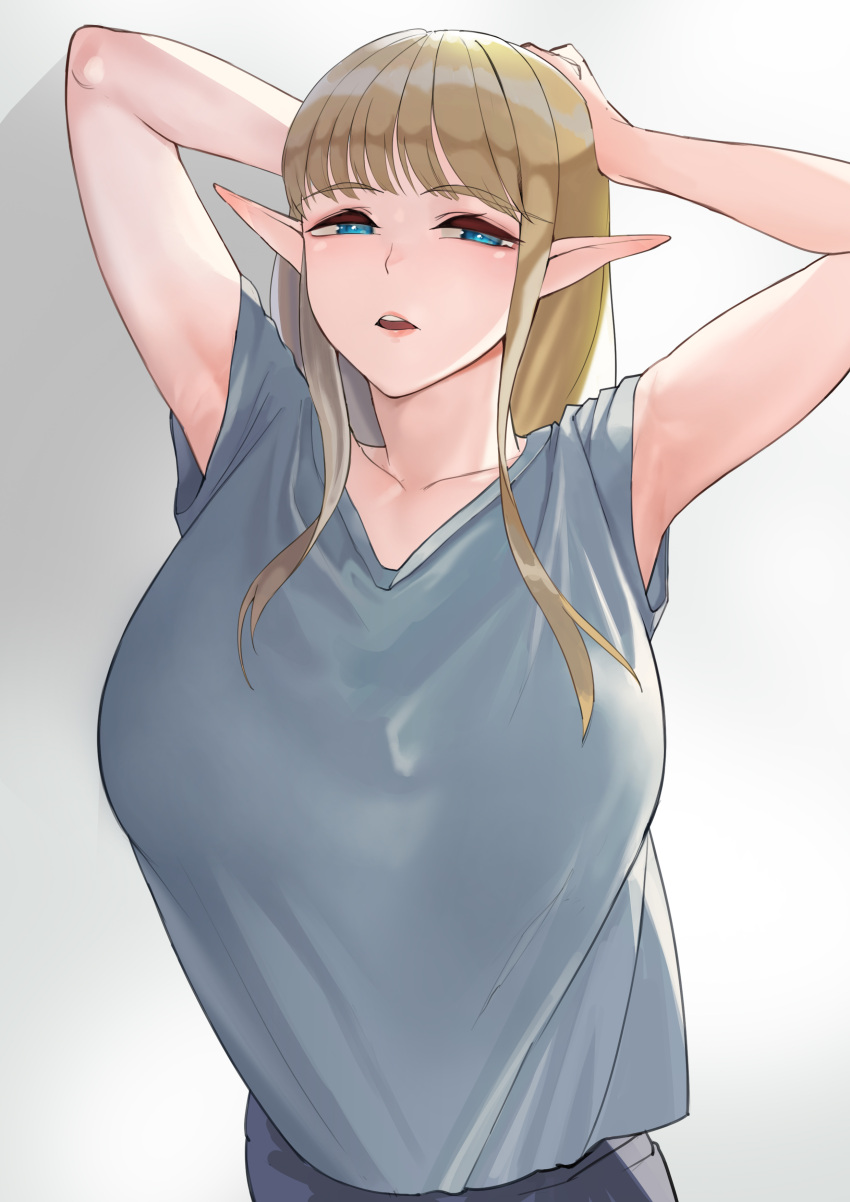 1girl, absurdres, armpits, arms_behind_head, arms_up, blonde_hair, blue_eyes, blue_shirt