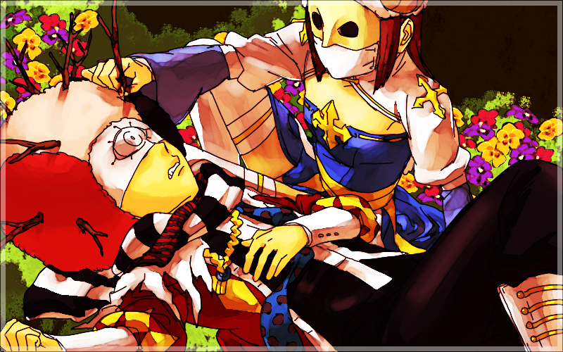 1boy, 1girl, afro, arch_bishop_(ragnarok_online), black_hair, black_pants, blue_dress, blue_scarf