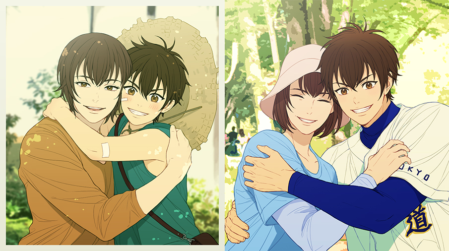 1boy, 1girl, ace_of_diamond, age_progression, aqua_tank_top, bandaid, bandaid_on_arm, bandaid_on_face