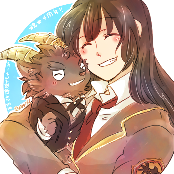 1girl, animal_ear_fluff, artist_name, black_neckwear, blazer, blush, brown_hair, collared_shirt, creature, eyebrows_visible_through_hair, formal, furry, furry_male, goat_horns, horns, hug, jacket, long_hair, master_2_(tokyo_houkago_summoners), necktie, open_mouth, red_neckwear, salomon_(tokyo_houkago_summoners), school_uniform, shirt, smile, suit, taki_(1904), thick_eyebrows, tokyo_houkago_summoners, twitter_username, white_shirt