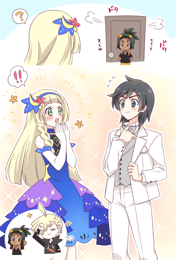 !, 1girl, 3boys, :d, ?, alternate_costume, bangs, blonde_hair