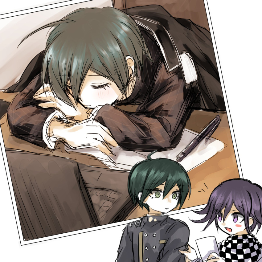 2boys, ahoge, bangs, black_hair, blush_stickers, buttons, checkered, checkered_neckwear