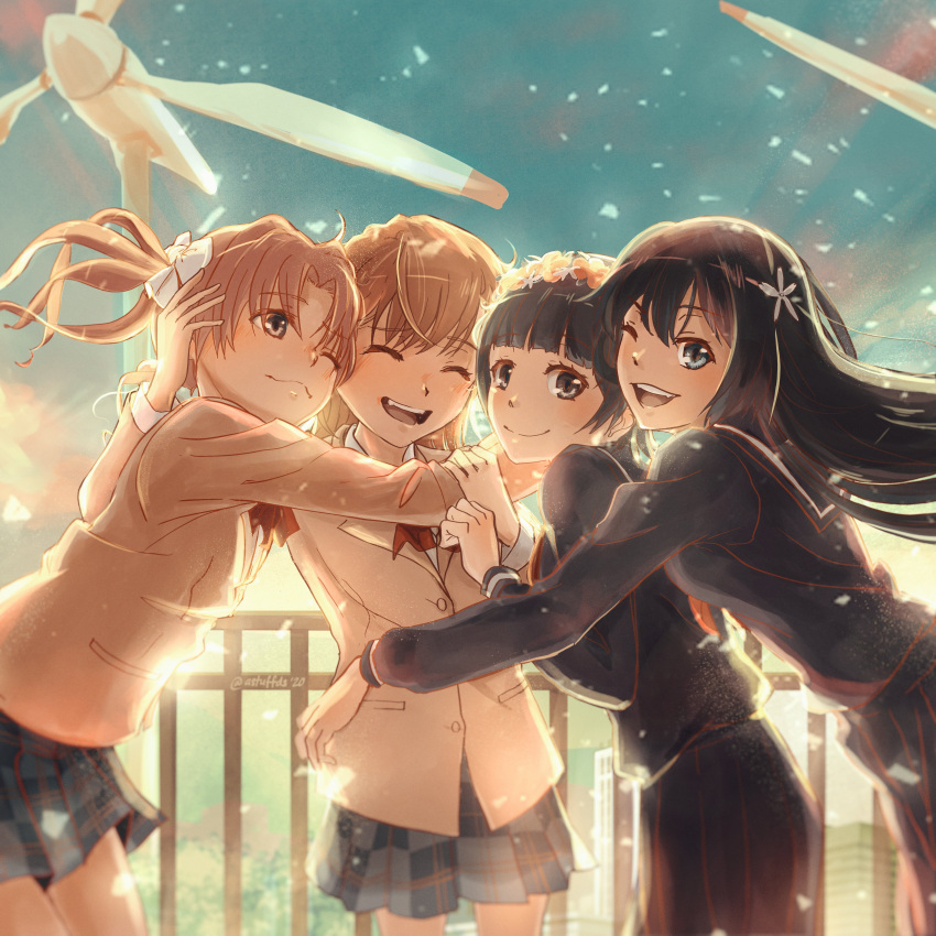 4girls, absurdres, astuffds, beige_jacket, black_hair, blue_sailor_collar, blue_serafuku, blue_skirt