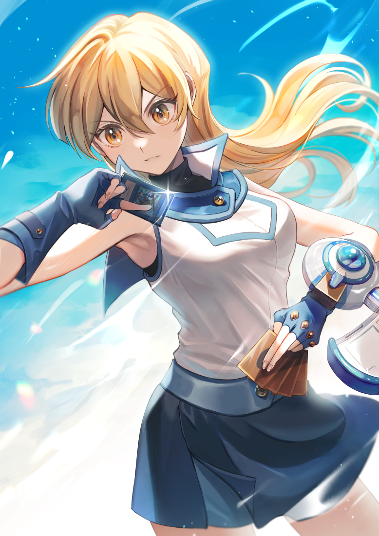 1girl, armpits, bangs, bare_shoulders, blonde_hair, blue_skirt, breasts, card
