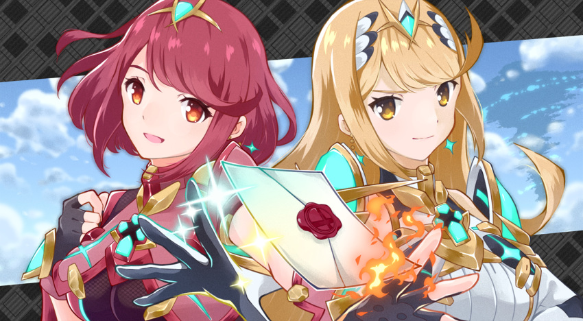 2girls, blonde_hair, breasts, headpiece, multiple_girls, mythra_(xenoblade), pyra_(xenoblade), red_eyes