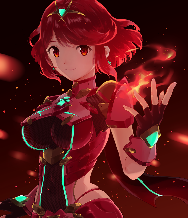 1girl, bangs, black_gloves, breasts, chest_jewel, earrings, fingerless_gloves, gem, gloves, headpiece, jewelry, large_breasts, pyra_(xenoblade), red_eyes, redhead, short_hair, solo, swept_bangs, tiara, xenoblade_chronicles_(series), xenoblade_chronicles_2, yuni_(unitary_580)