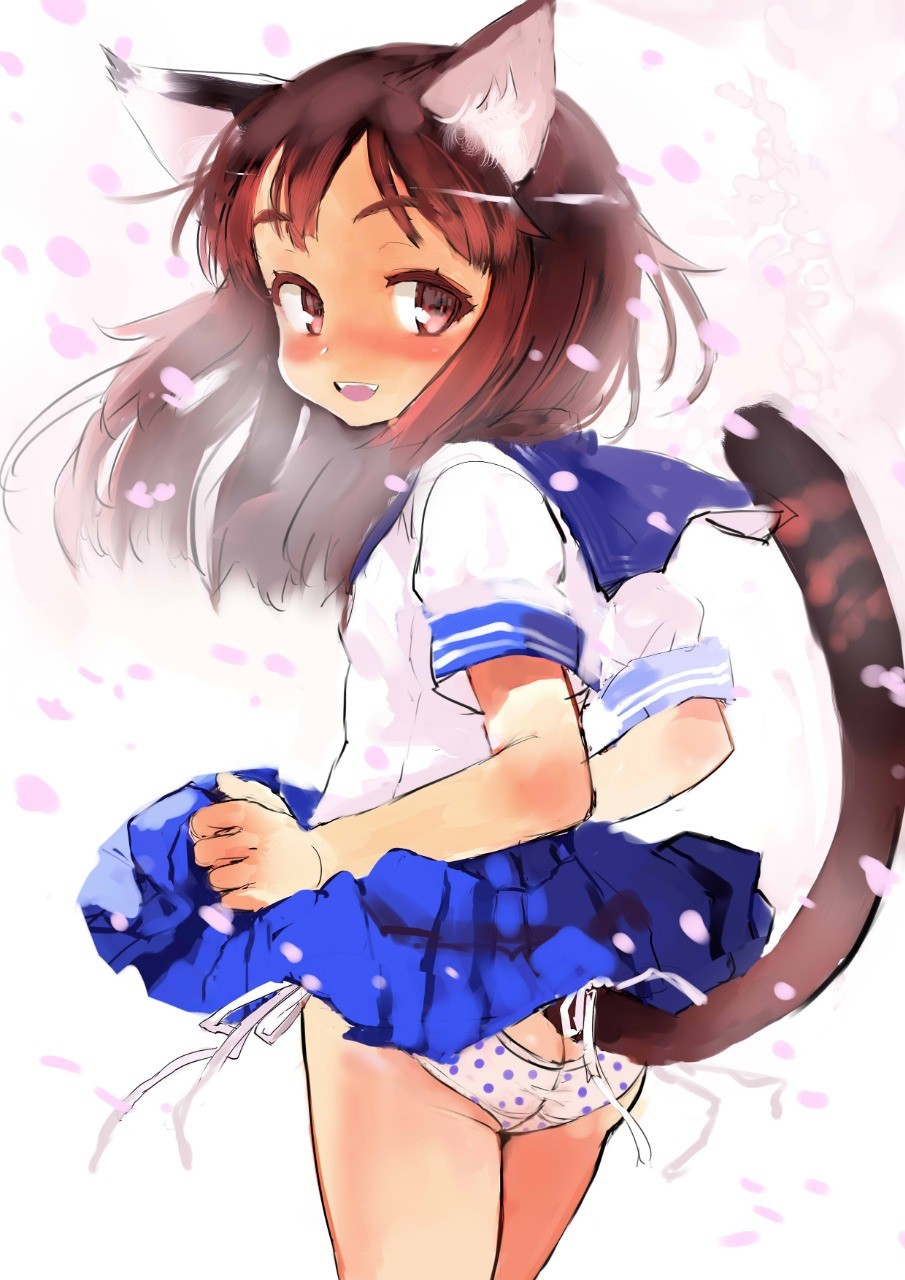 1girl, animal_ears, ass, bangs, blue_sailor_collar, blue_skirt, blush, brown_eyes