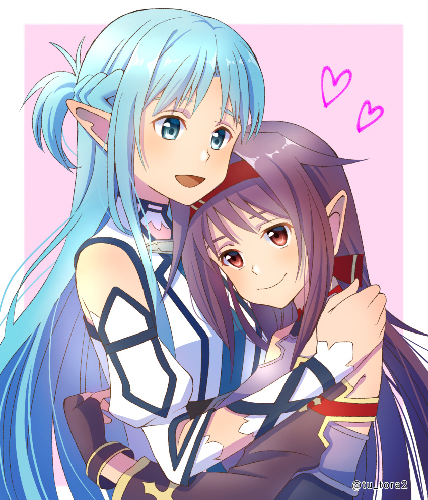 2girls, asuna_(sao), asuna_(sao-alo), bangs, blue_eyes, blue_hair, braid, closed_mouth