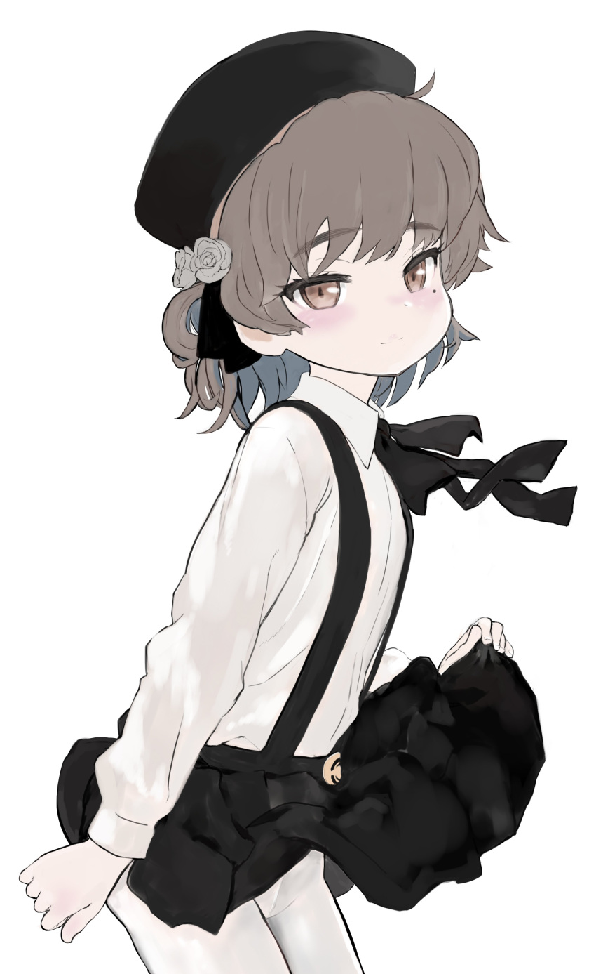 1girl, absurdres, bangs, beret, black_headwear, black_neckwear, black_skirt, blush