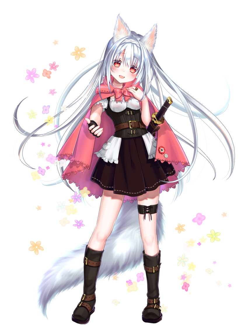 1girl, :d, animal_ears, belt, black_skirt, boots, chain_paradox, cloak, fang, fingerless_gloves, fox_ears, fox_girl, fox_tail, full_body, gloves, highres, hood, hooded_cloak, jewelry, kyuubi_mika, light_blue_hair, official_art, open_mouth, ring, shirt, short_sleeves, silver_hair, single_fingerless_glove, skin_fang, skirt, smile, sword, tail, weapon, white_shirt
