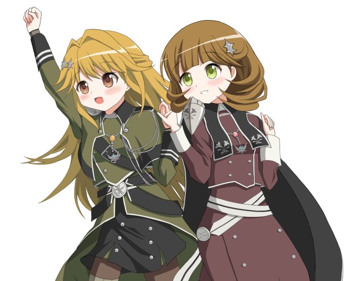 2girls, bangs, blonde_hair, blush, breasts, exorsister_elise, exorsister_stella, long_hair