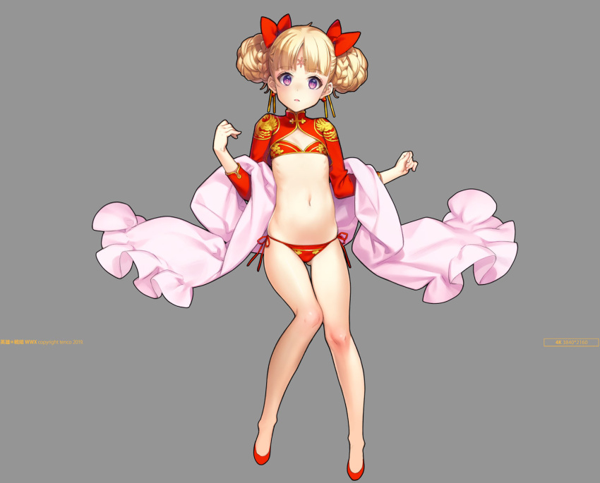 1girl, ass_visible_through_thighs, bikini, blonde_hair, bow, commentary_request, double_bun, eiyuu_senki, eiyuu_senki_ww, facial_mark, flat_chest, flats, forehead_mark, full_body, hair_bow, hair_ornament, hair_stick, highres, long_hair, looking_at_viewer, navel, oyari_ashito, parted_lips, qin_shi_huang_(eiyuu_senki), red_bikini, red_bow, sarong, shrug_(clothing), side-tie_bikini, simple_background, solo, strapless, swimsuit, thigh_gap, tubetop, two-tone_bikini, violet_eyes