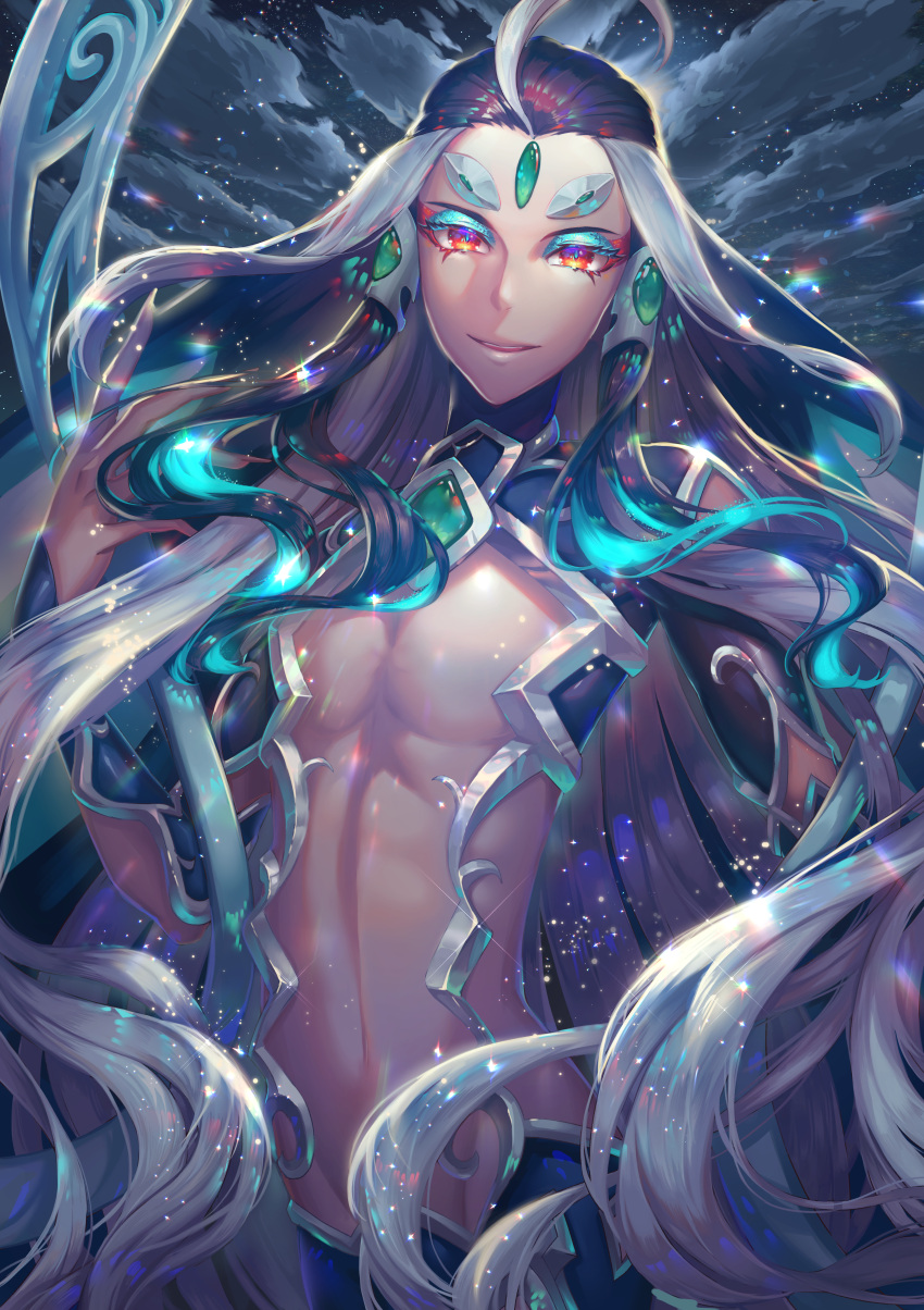 absurdres, ahoge, aqua_hair, black_hair, eyeshadow, fate/grand_order, fate_(series), forehead_jewel, hand_up, highres, huge_filesize, long_hair, looking_at_viewer, makeup, midriff, multicolored_hair, qin_shi_huang_(fate), raymond_busujima, red_eyes, very_long_hair, white_hair