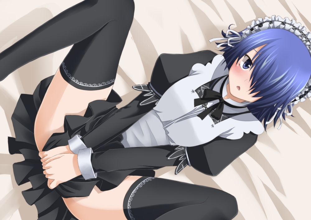 blue_eyes, blue_hair, blush, covering, covering_crotch, crossdressinging, dress, dress_tug