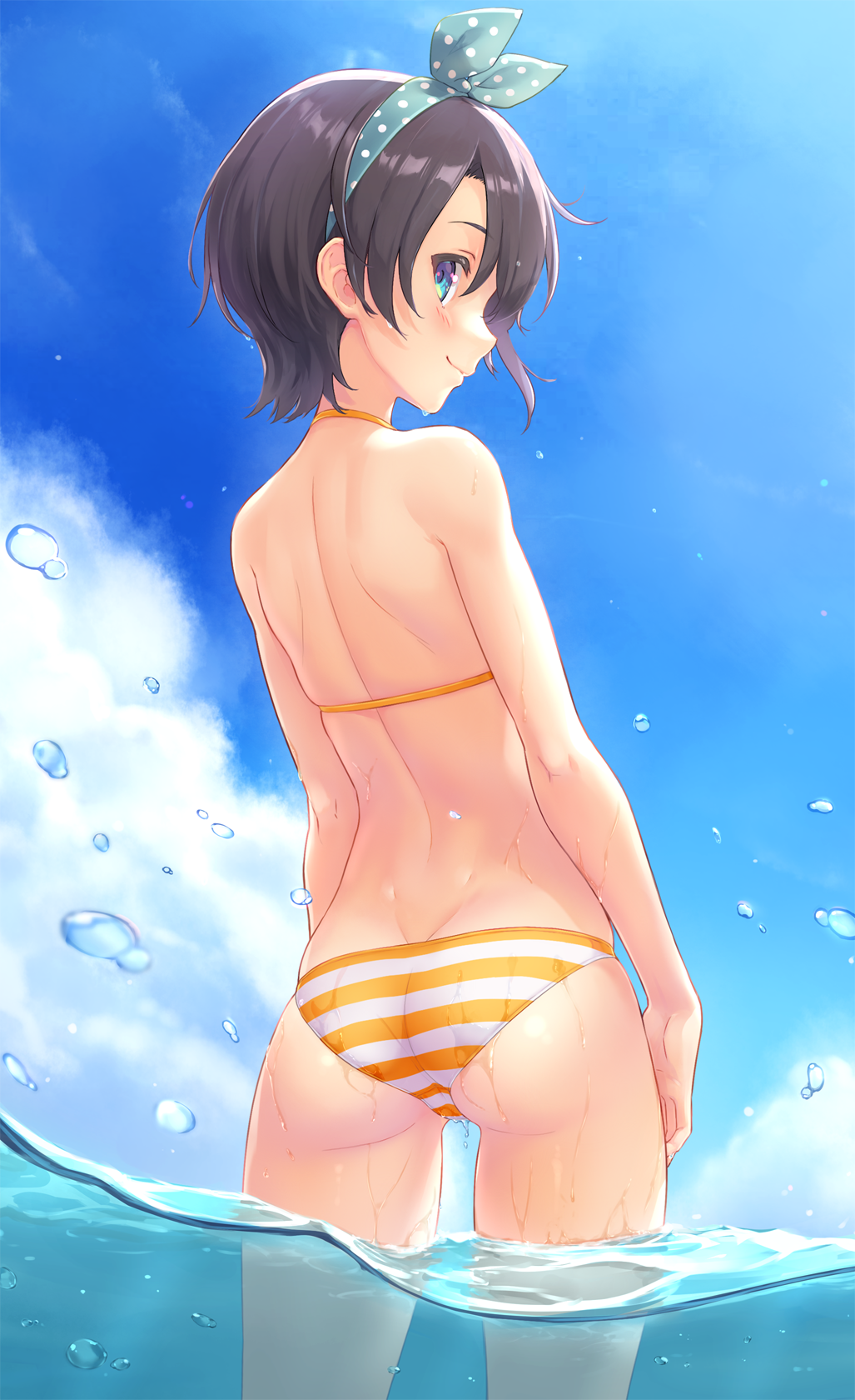 1girl, ass, back, bare_arms, bare_shoulders, bikini, black_hair, blue_bow