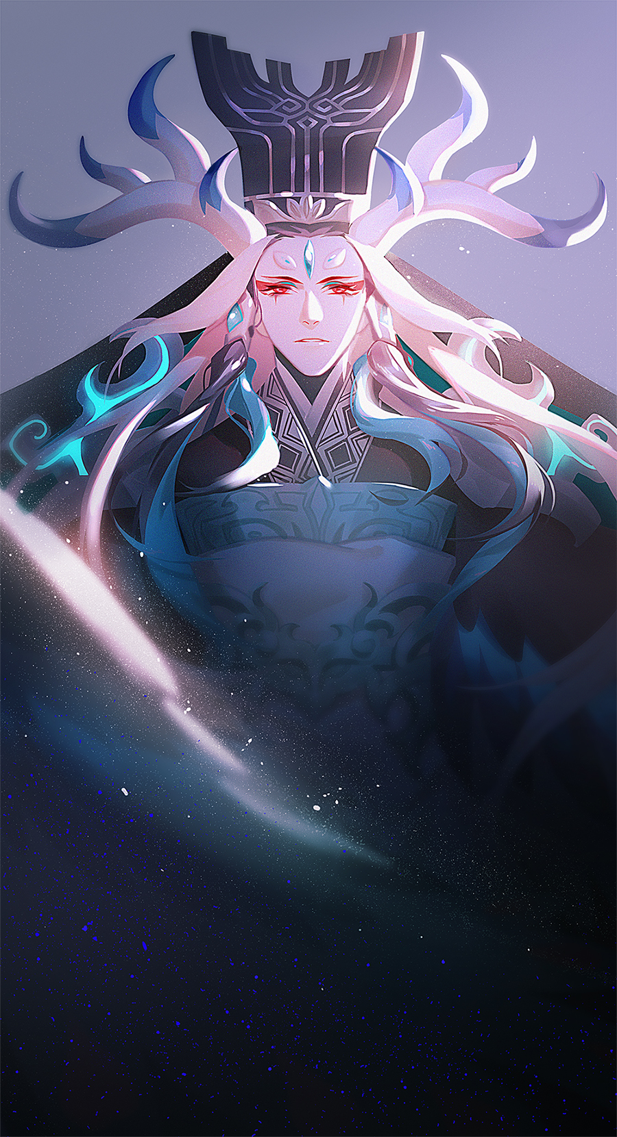 1boy, black_headwear, chinese_clothes, eyeshadow, fate/grand_order, fate_(series), forehead_jewel, headpiece, highres, horns, lao_bai_(pixiv36119836), long_hair, looking_at_viewer, makeup, male_focus, qin_shi_huang_(fate), red_eyes, solo, upper_body, white_hair