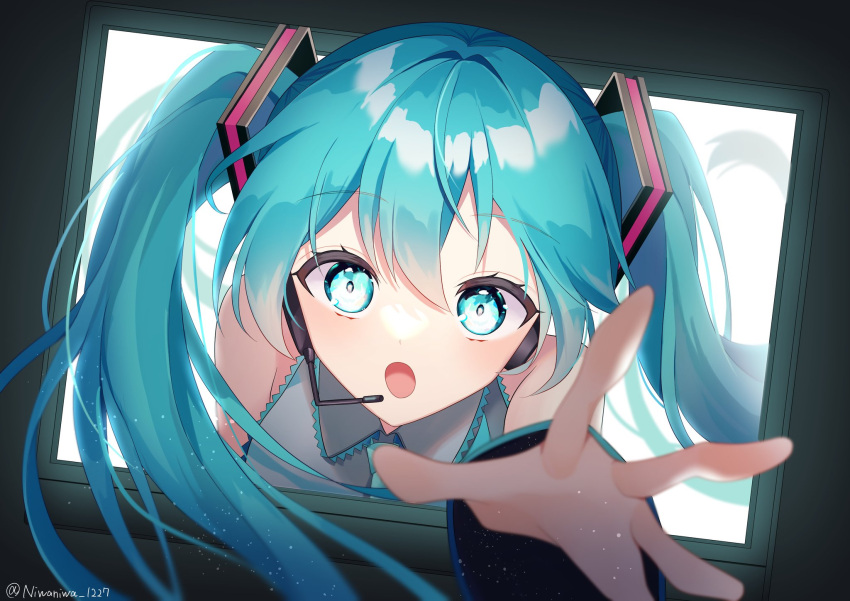 1girl, :o, aqua_eyes, aqua_hair, aqua_neckwear, bare_shoulders, black_sleeves, commentary, detached_sleeves, foreshortening, grey_shirt, hair_ornament, hatsune_miku, headphones, headset, highres, long_hair, looking_at_viewer, monitor, necktie, niwaniwa_1227, open_mouth, outstretched_arm, reaching_out, shirt, sleeveless, sleeveless_shirt, solo, through_screen, twintails, very_long_hair, vocaloid