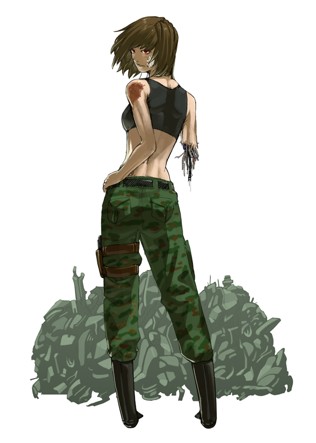 android, back, bandage, bandages, bare_shoulders, boots, brown_hair, cable, camouflage, crop_top, damage, damaged, hand_on_hip, holster, injury, looking_back, original, red_eyes, s_kengo, short_hair, solo, thigh_holster, thigh_strap, wound