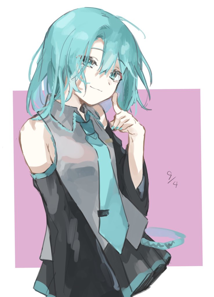 1girl, alternate_hair_length, alternate_hairstyle, aqua_eyes, aqua_hair, aqua_nails, aqua_neckwear, bare_shoulders