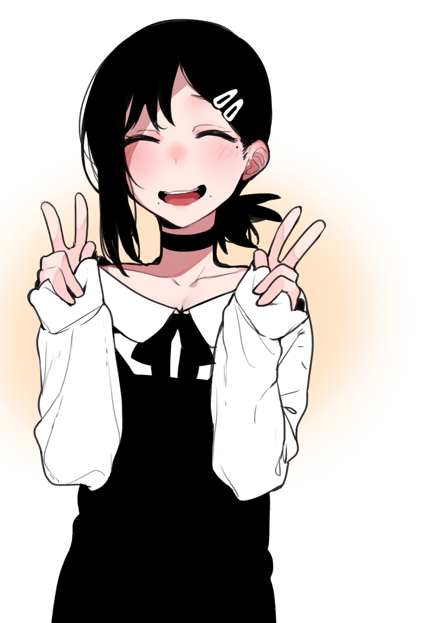 arms_up, bangs, black_dress, black_hair, blush, chainsaw_man, choker, closed_eyes