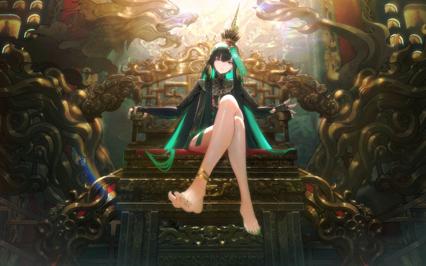 1girl, anklet, aqua_hair, aqua_nails, bad_id, bad_pixiv_id, bare_legs, barefoot