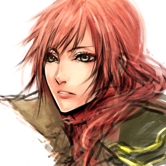 final_fantasy_xiii, green_eyes, gurozuki, lightning_farron, lips, long_hair, red_hair, redhead, solo