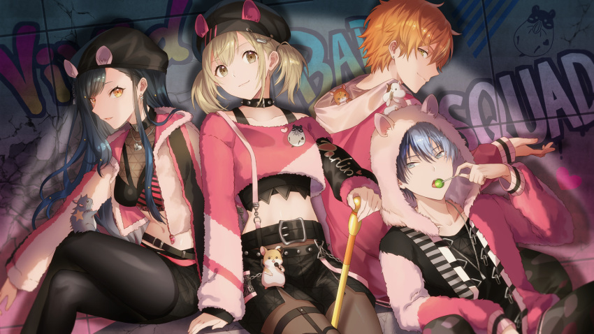 2boys, 2girls, animal_hood, aoyagi_touya, azusawa_kohane, bangs, belt, black_hair