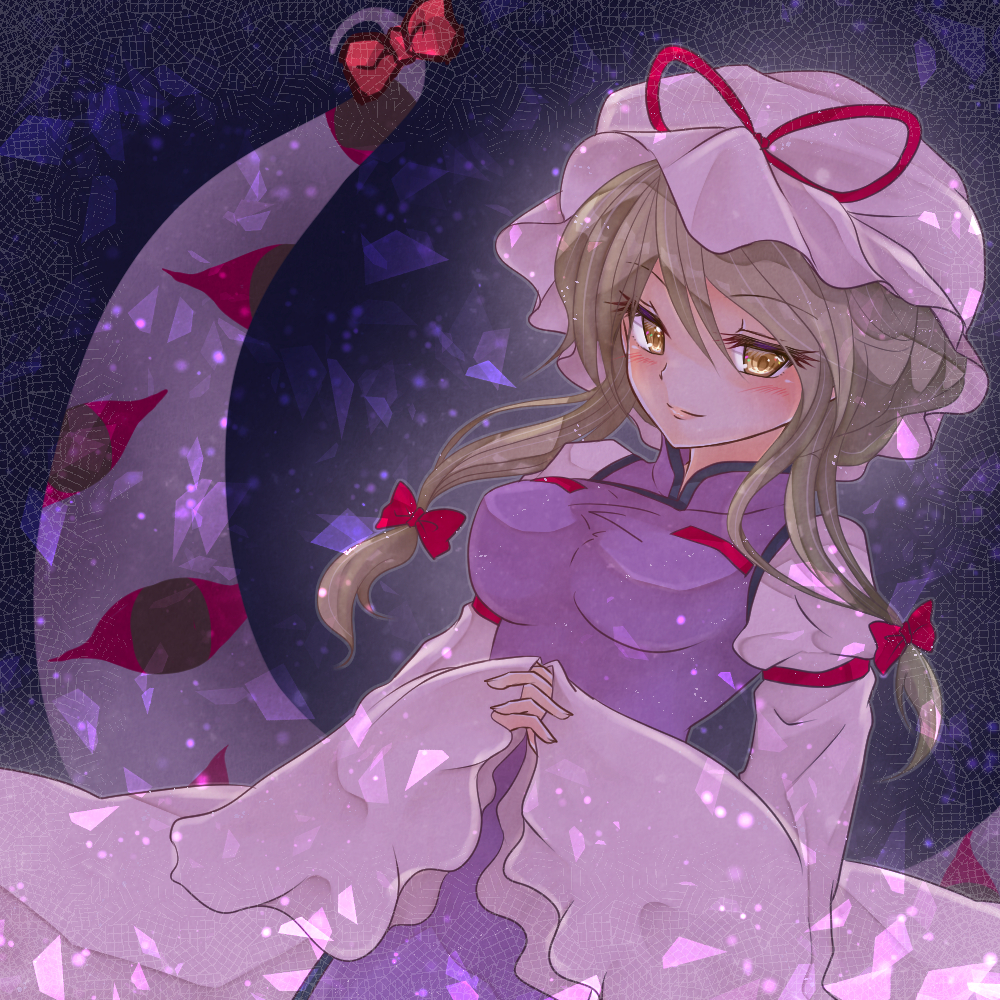 1girl, alternate_color, alternate_hairstyle, arm_strap, bangs, black_eyes, blonde_hair, bow
