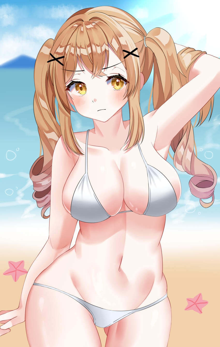 1girl, absurdres, arm_behind_head, armpits, ass_visible_through_thighs, bang_dream!, bare_shoulders, beach