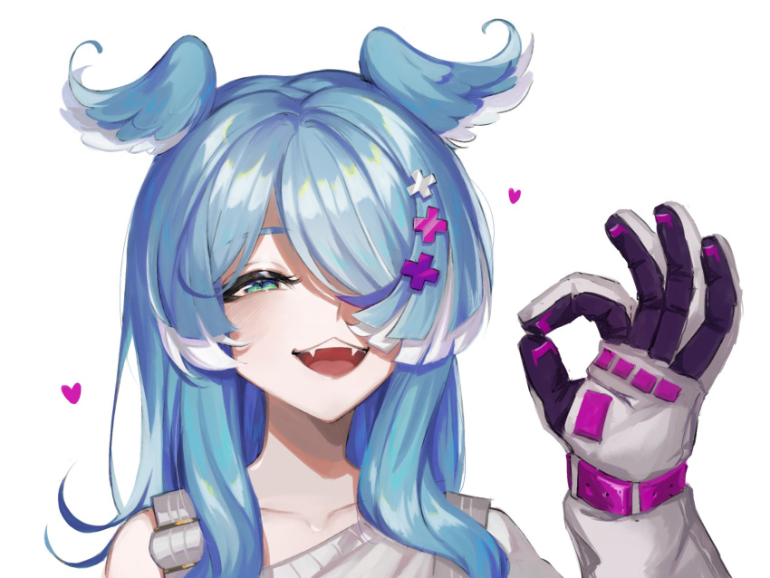 1girl, blue_eyes, blue_hair, elira_pendora, fangs, gloves, grey_gloves, hair_over_one_eye, half-closed_eyes, head_wings, heart, highres, nijisanji, nijisanji_en, ok_sign, one_eye_covered, portrait, senzai, smile, solo, sweater, virtual_youtuber, white_background, white_sweater
