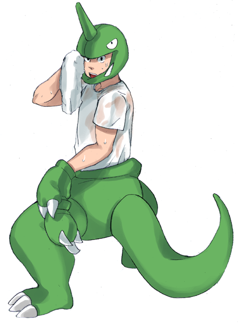 1boy, black_eyes, commentary_request, full_body, gloves, green_gloves, hand_up, holding