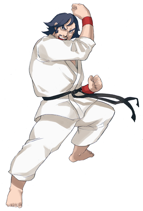 1boy, bangs, barefoot, belt, black_belt, black_belt_(pokemon), black_eyes, black_hair