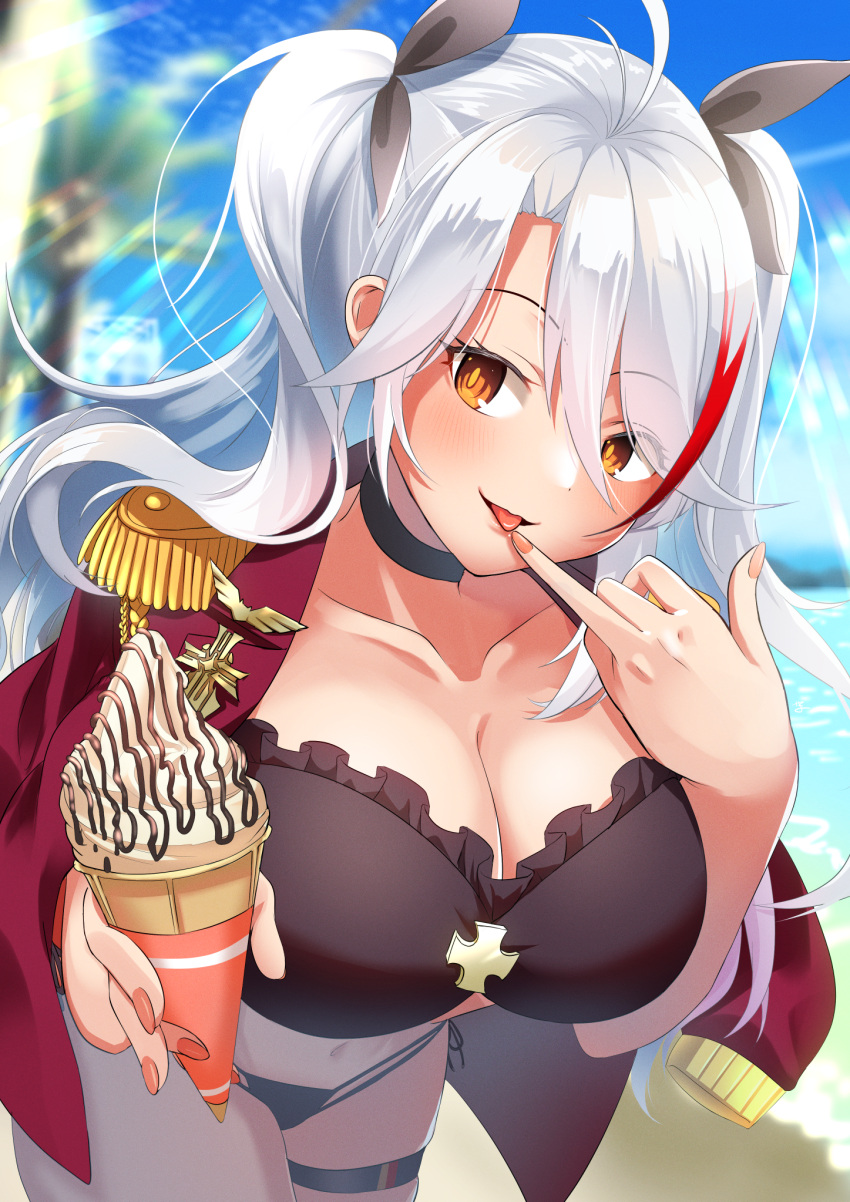 1girl, antenna_hair, azur_lane, beach, bikini, black_bikini, black_choker, black_ribbon