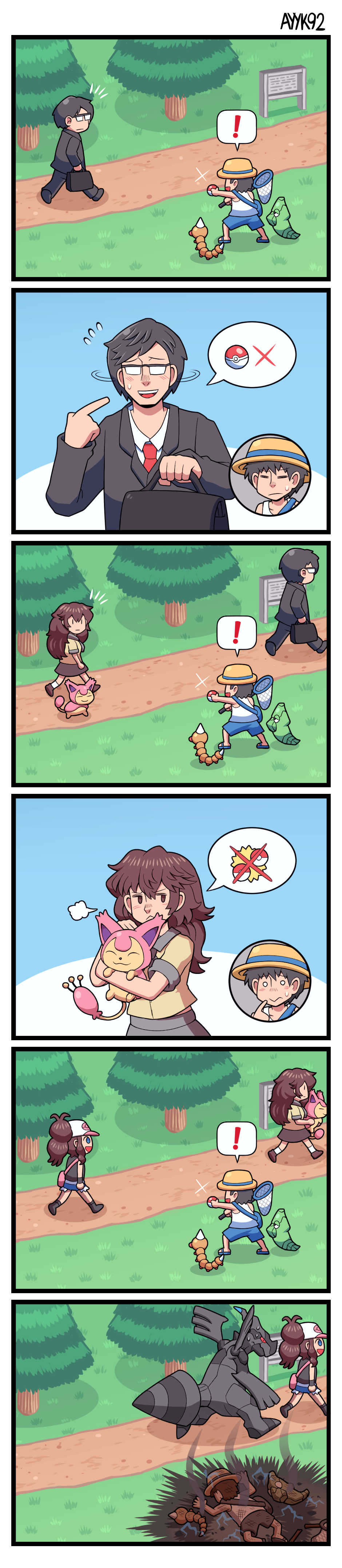!, 2boys, 2girls, 6koma, absurdres, ayyk92, bag, black_hair, blue_eyes, brown_hair, bug_catcher_(pokemon), business_suit, electricity, formal, gen_1_pokemon, gen_3_pokemon, gen_5_pokemon, glasses, grass, high_ponytail, highres, hilda_(pokemon), lass_(pokemon), legendary_pokemon, long_hair, long_image, messenger_bag, metapod, multiple_boys, multiple_girls, net, nintendo, office_worker_(pokemon), open_mouth, path, poke_ball, pokemon, pokemon_(game), pokemon_bw, sandals, short_hair, shorts, shoulder_bag, skitty, speech_bubble, suit, sweat, tall_image, tank_top, tree, weedle, zekrom