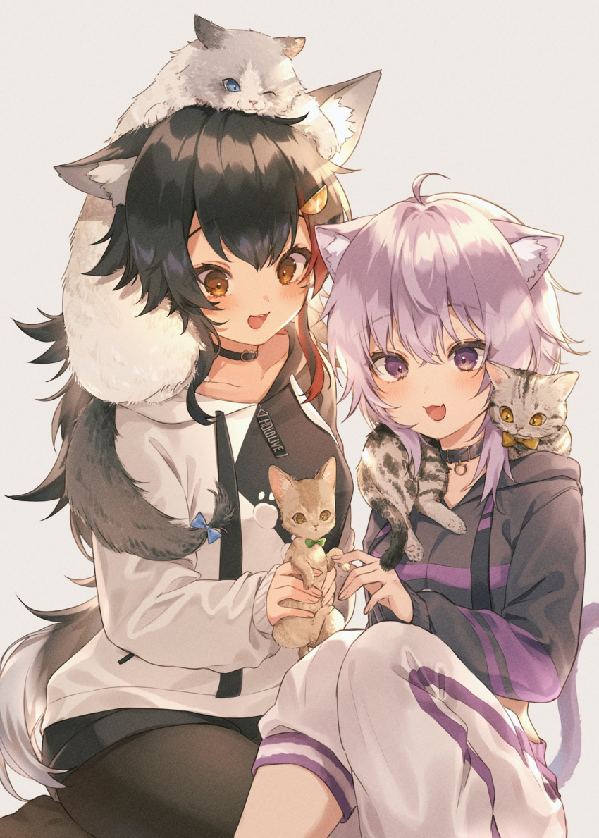 2girls, :d, ahoge, animal, animal_ear_fluff, animal_ears, animal_on_head, animal_on_shoulder