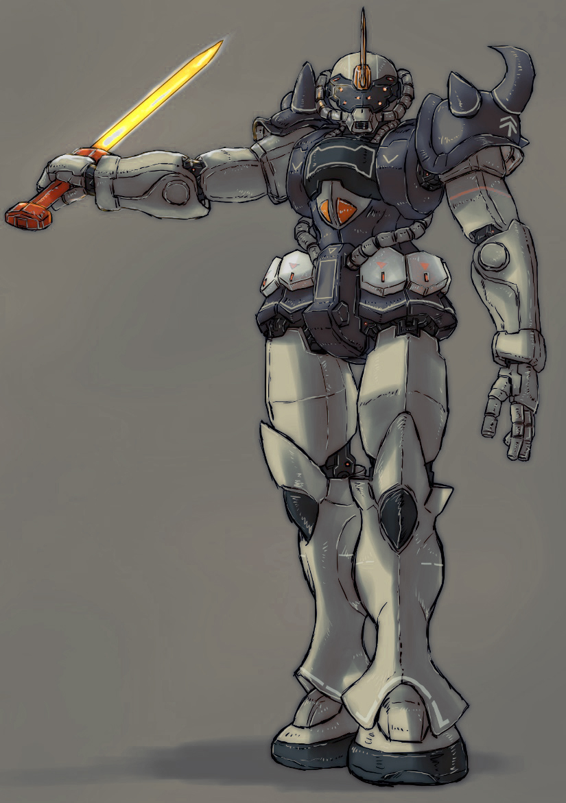 energy_sword, gouf, gundam, holding, holding_sword, holding_weapon, looking_at_viewer, mecha, mobile_suit, mobile_suit_gundam, no_humans, open_hand, redesign, science_fiction, solo, spikes, standing, sword, weapon, yamada_yuuji, zeon