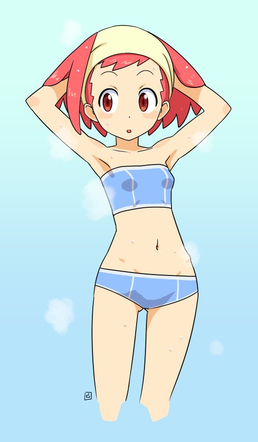 1girl, aero_(mega_man), armpits, arms_behind_head, blush_stickers, breasts, hair_up, hairband, mega_man_(series), mega_man_legends, mega_man_legends_3, muu_(mumumer), navel, open_mouth, panties, pink_hair, red_eyes, simple_background, solo, sports_bra, underwear