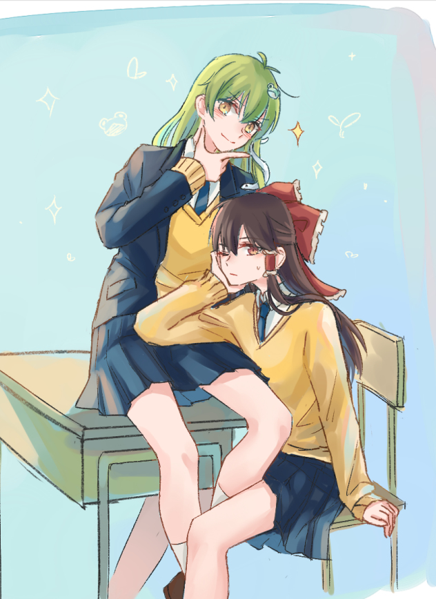 2girls, alternate_costume, blazer, blush, bow, brown_eyes, brown_hair, chair