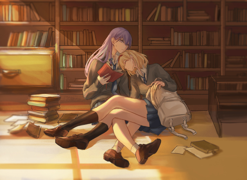 2girls, alice_margatroid, alternate_costume, bag, bangs, black_legwear, blonde_hair, book