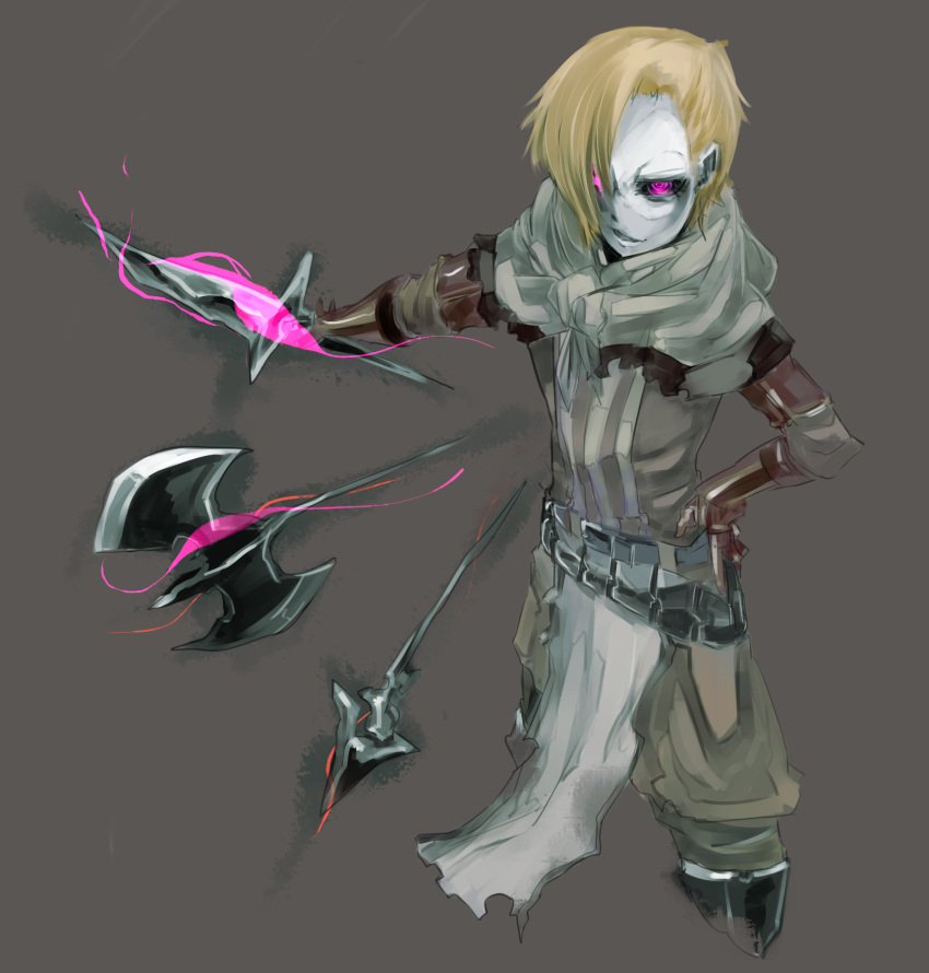 1boy, asymmetrical_hair, bangs, belt, black_sclera, blonde_hair, brown_pants, brown_shirt