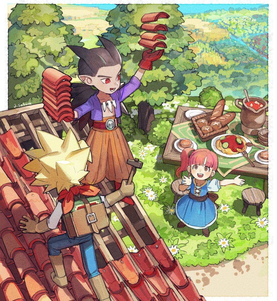 1girl, 2boys, arm_up, black_hair, blonde_hair, brown_eyes, day, dragon_quest, dragon_quest_builders_2, dress, gloves, highres, long_hair, male_builder_(dqb2), multiple_boys, open_mouth, orange_pants, pants, pink_hair, pointy_ears, puffy_sleeves, purple_shirt, red_eyes, red_gloves, ruru_(dqb2), sasumata_jirou, shirt, side_ponytail, sidoh_(dqb2), smile, spiky_hair, tree
