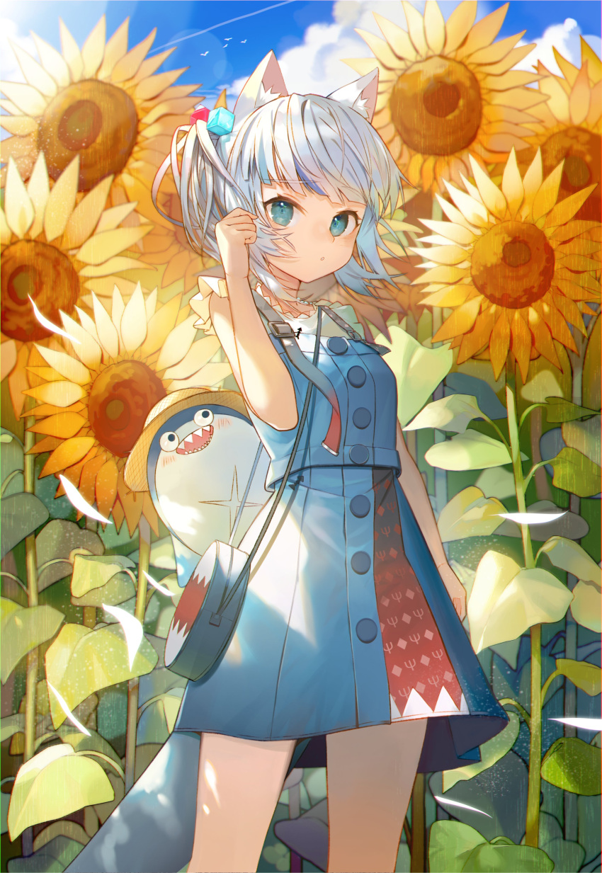1girl, absurdres, animal_ear_fluff, animal_ears, asymmetrical_hair, bag, bird, bloop_(gawr_gura)