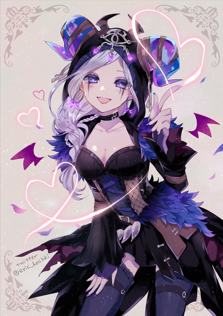 1girl, artist_name, black_choker, blush, braid, choker, earrings, eric_knikki, fiona_gilman, fur, glowing, hand_on_thigh, heart, heart_of_string, horns, identity_v, jewelry, looking_at_viewer, open_mouth, petals, purple_nails, single_braid, solo, violet_eyes, wings