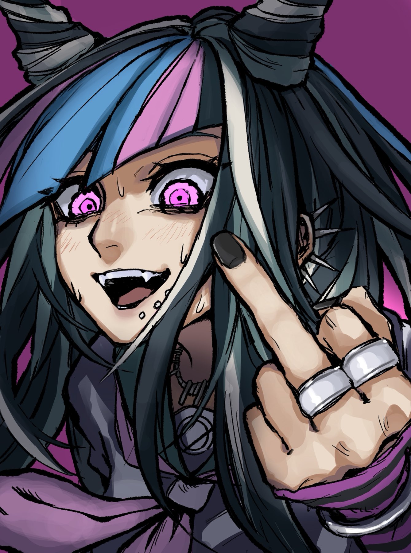 1girl, :d, bangs, black_hair, black_nails, black_sailor_collar, blue_hair, blush, bracelet, danganronpa_(series), danganronpa_2:_goodbye_despair, ear_piercing, fangs, grey_hair, hair_horns, hand_up, highres, jewelry, long_hair, looking_at_viewer, middle_finger, mioda_ibuki, mouth_piercing, multicolored_hair, nanakusa_kayu_(kibou-girl), neckerchief, open_mouth, piercing, pink_eyes, pink_hair, red_background, ring, sailor_collar, smile, solo, sweat