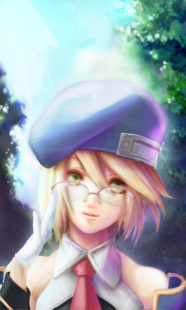 bare_shoulders, beret, blazblue, blonde_hair, female, glasses, gloves, green_eyes